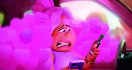 A vibrant HD wallpaper from the movie Win or Lose, featuring a character with pink, fluffy hair anxiously checking her phones while surrounded by whimsical pink clouds.