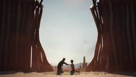 A striking HD wallpaper from the video game Life Is Strange 2, depicting a poignant moment between two characters framed by towering structures against a vast landscape.