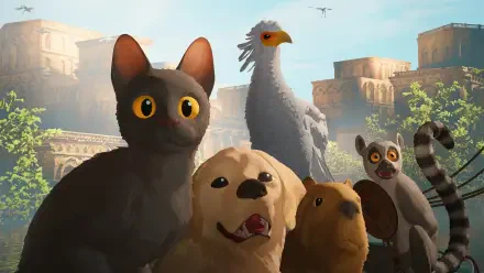 A vibrant 4K Ultra HD desktop wallpaper from the movie Flow (2024), featuring an animated cat, dog, bird, and lemur in a lively setting.