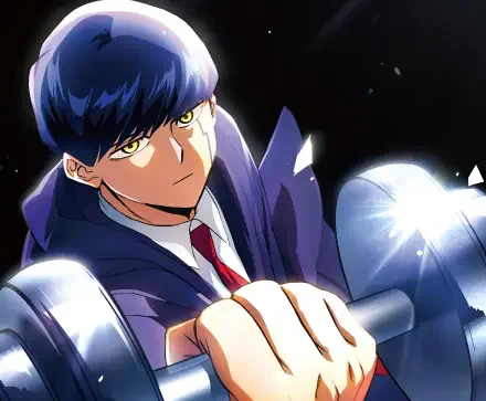 2K Quad HD anime desktop wallpaper of Mash Burnedead (Mashle: Magic and Muscles), fists raised, intense glare and glowing muscles on a dark backdrop.