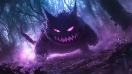 A dark and atmospheric HD wallpaper featuring Gengar from Pokémon, emerging menacingly in a misty forest, surrounded by purple shadows and eerie lighting.