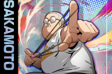 Anime 2K Quad HD PC desktop wallpaper of Taro Sakamoto from Sakamoto Days, wearing glasses and a white shirt, aiming a slingshot amid a vibrant, comic-style background.
