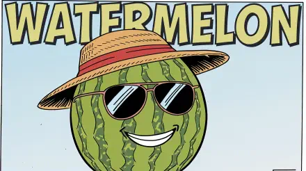 A vibrant 4K Ultra HD wallpaper featuring a cheerful cartoon watermelon wearing sunglasses and a straw hat, with the word WATERMELON prominently displayed above.