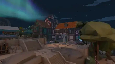 HD PC desktop wallpaper featuring a nighttime village scene from the video game Nordhold, with timber-framed houses under a sky illuminated by northern lights.