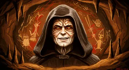 A detailed 4K Ultra HD wallpaper featuring Emperor Palpatine, showcasing his menacing grin and sinister aura against a backdrop of dark, cryptic symbols.