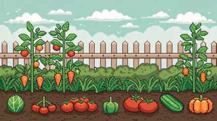 A vibrant vegetable garden featuring carrots, tomatoes, and cucumbers, set against a wooden fence under a blue sky, rendered in 4K Ultra HD for a stunning desktop wallpaper.