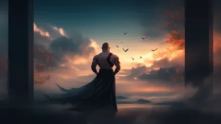 A stunning HD desktop wallpaper featuring Kratos from God of War, standing against a dramatic sunset with birds soaring in the background, creating an epic gaming atmosphere.