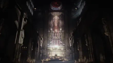 A stunning 4K Ultra HD wallpaper showcasing a dark, atmospheric interior from the video game The Duskbloods, featuring grand architecture and ethereal lighting.