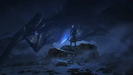 A striking HD wallpaper featuring the Night King from Game of Thrones, standing with a sword against a backdrop of a menacing dragon in a dark, snowy landscape.