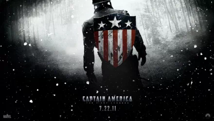 A dramatic HD wallpaper featuring the silhouette of a soldier with a patriotic shield, promoting Captain America: The First Avenger, released on July 22, 2011.