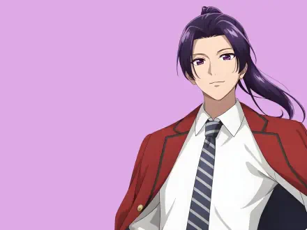 Anime-style 4K Ultra HD wallpaper featuring Jinshi from The Apothecary Diaries, with a confident expression and purple background.