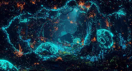 A vibrant, fluorescent underwater scene, showcasing glowing coral and marine life, captured in stunning 4K Ultra HD, serves as an immersive desktop wallpaper and background.
