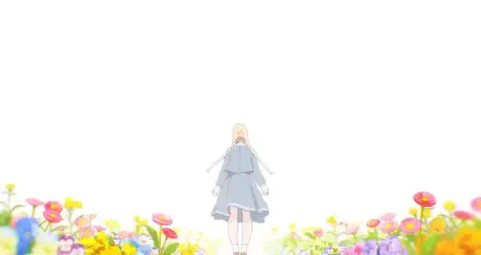Anime-inspired HD desktop wallpaper titled The Colors Within, featuring a figure in a light blue dress surrounded by vibrant flowers against a bright, ethereal background.