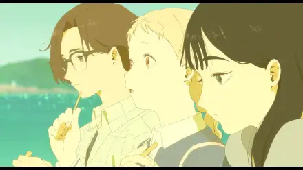 A serene anime scene from The Colors Within, featuring three characters gazing thoughtfully into the distance, evoking a sense of calm and introspection in soft pastel hues.