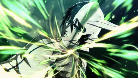 HD wallpaper featuring Ulquiorra Cifer from the video game Bleach: Rebirth of Souls, showcasing dynamic green energy effects and an intense expression.