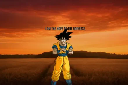 HD desktop wallpaper featuring Goku from Dragon Ball Z and Dragon Ball Super standing in a field at sunset with the text I am the hope of the universe.