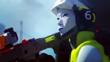 A dynamic HD wallpaper featuring a character from the video game Marathon, showcasing a futuristic warrior with striking blue lips, a helmet, and a high-tech weapon in a dramatic setting.