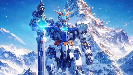 4K Ultra HD desktop wallpaper featuring a detailed Gundam robot standing with a glowing spear against a snowy mountain backdrop.