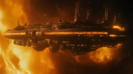 A stunning 4K Ultra HD wallpaper featuring a futuristic generation spaceship set against a fiery cosmic backdrop, embodying the essence of sci-fi adventure.