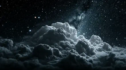 A 4K Ultra HD desktop wallpaper showing a starry night sky with bright stars, a visible galaxy, and thick clouds illuminated beneath.