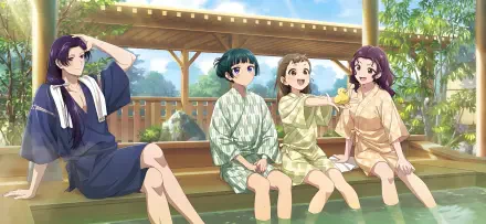 Anime-style 4K Ultra HD wallpaper featuring four characters from The Apothecary Diaries relaxing together in a serene outdoor setting.