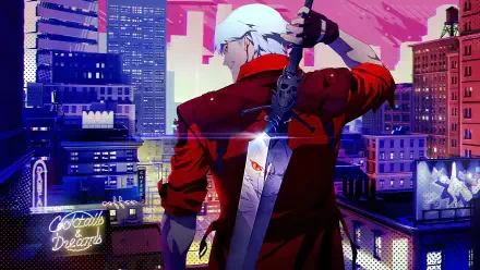 Devil May Cry anime character with white hair and red coat, holding a sword on a rooftop against a vibrant cityscape, in 4K Ultra HD PC desktop wallpaper style.