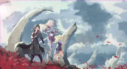 Anime-inspired HD wallpaper featuring characters from Shadow Slave standing amidst a vivid landscape with striking clouds and dramatic elements.