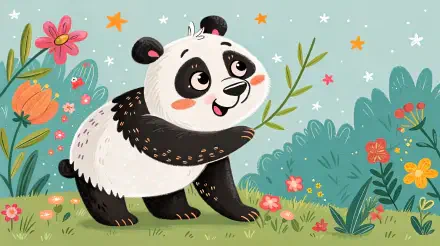 A cute panda cartoon stands among colorful flowers and lush greenery, holding a bamboo sprig, ideal for a vibrant 4K Ultra HD PC desktop wallpaper.