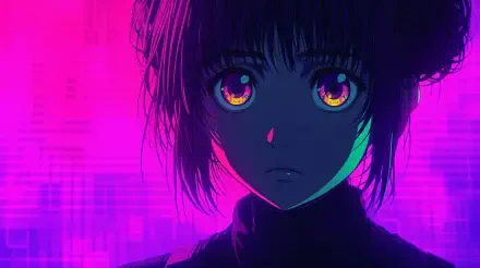 Aesthetic anime girl with vibrant, colorful eyes against a striking purple and blue background, designed as a 4K Ultra HD PC desktop wallpaper.