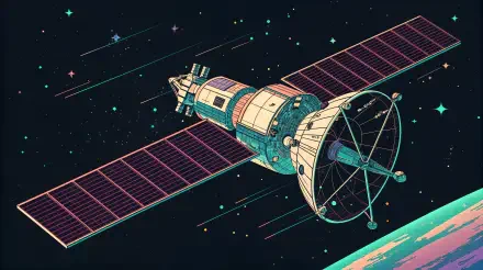 A colorful illustration of a satellite with solar panels, set against a cosmic background filled with stars, designed as a 4K Ultra HD PC desktop wallpaper.