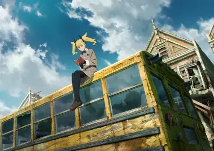 Anime 4K Ultra HD PC desktop wallpaper and background of Kaiju No. 8's Kikoru Shinomiya perched on a weathered yellow bus under a bright blue sky with city rooftops.
