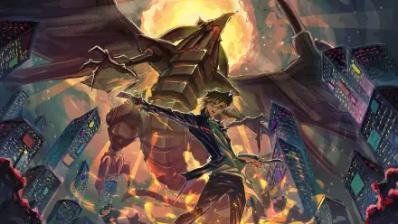 An intense scene featuring Joey Wheeler from Yu-Gi-Oh! summoning The Winged Dragon of Ra, set against a vibrant backdrop of city ruins and flames. HD artwork for anime fans.