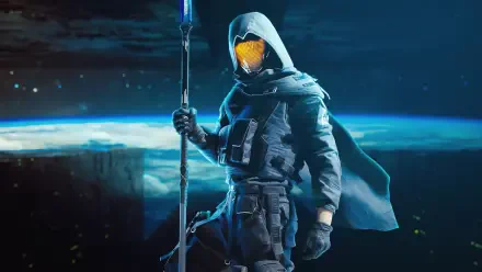 A mysterious character stands confidently, clad in dark attire with a glowing yellow visor and a staff, set against a cosmic background from the video game The Finals.