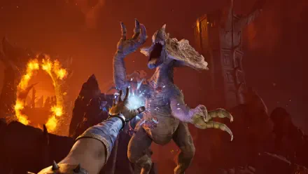 A dramatic scene from The Elder Scrolls IV: Oblivion, showcasing a fierce battle against a monstrous creature, complemented by a fiery, otherworldly background in stunning 4K Ultra HD.