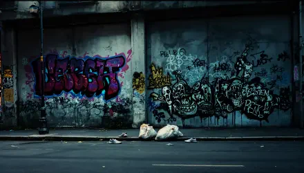 A vibrant graffiti wall features colorful tags and intricate designs, with discarded bags on the street, captured in a striking 4K Ultra HD wallpaper.