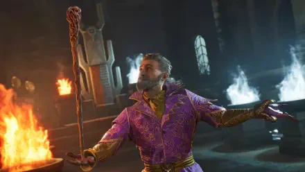 A wizard in vibrant purple robes wields a staff, surrounded by mystical elements in a dramatic setting from The Elder Scrolls IV: Oblivion, presented as a 4K Ultra HD wallpaper.