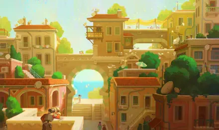 Artistic HD PC desktop wallpaper showcasing a sunny cityscape with charming houses, vibrant greenery, and a bright sky in the background.