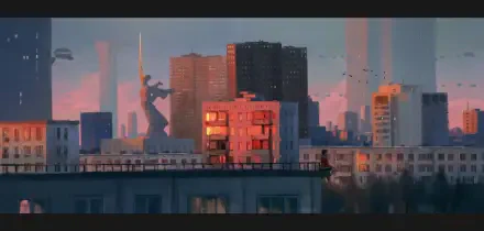 A vibrant artistic cityscape featuring futuristic architecture, with a statue prominently displayed against a colorful sunset sky, perfect for an HD desktop wallpaper.