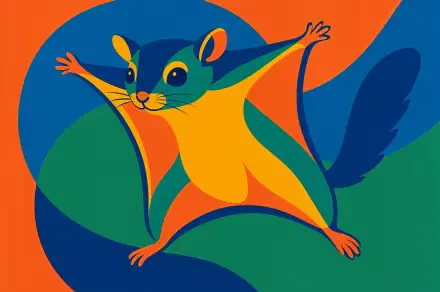 Colorful digital illustration of a flying squirrel gliding with outstretched limbs, designed as a vibrant 4K Ultra HD PC desktop wallpaper background.