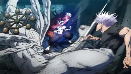 Anime 4K Ultra HD wallpaper featuring Satoru Gojo and Mahoraga from Jujutsu Kaisen in an intense Gojo vs Sukuna battle scene.
