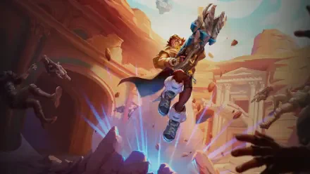 HD PC desktop wallpaper featuring dynamic Overwatch characters in an action-packed desert canyon setting with ancient ruins in the background.