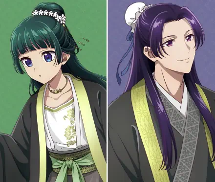 HD PC wallpaper featuring Maomao and Jinshi from the anime The Apothecary Diaries, showcasing detailed character art with vibrant colors and traditional attire.