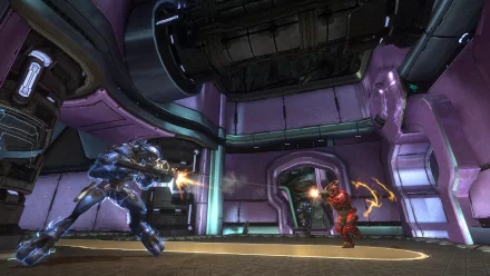 HD PC desktop wallpaper showcasing intense combat between armored soldiers inside a futuristic, purple-lit Halo Combat Evolved Anniversary video game environment.