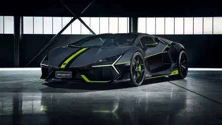 Black Lamborghini sports car with neon green accents showcased in a sleek industrial garage, featured as an 8K Ultra HD PC desktop wallpaper background.