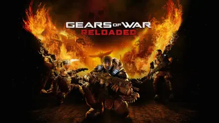HD PC desktop wallpaper featuring intense characters from the video game Gears of War: Reloaded, set against a fiery, battle-ravaged background.