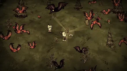 HD PC desktop wallpaper featuring a dark, eerie scene from the video game Don't Starve Together, with characters surrounded by aggressive birds in a forest setting.