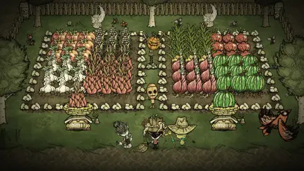 HD PC desktop wallpaper featuring a vibrant farm scene from the video game Don't Starve Together with crops and characters in a dark, stylized art style.