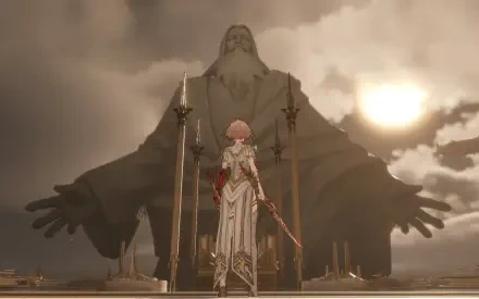 HD PC desktop wallpaper from the video game AI LIMIT, showing a character facing a colossal statue with open arms under a cloudy sky.