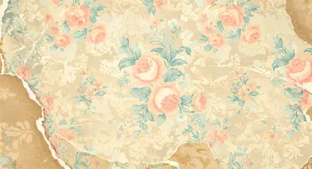 A 4K Ultra HD desktop wallpaper featuring a vintage floral pattern with soft pastel roses and leaves on a textured, worn beige background.