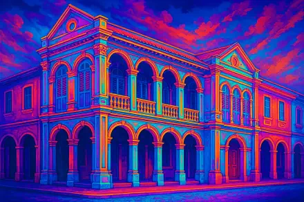 Vibrantly colored 4K Ultra HD PC wallpaper of colonial architecture featuring grand arches and detailed columns against a dramatic, colorful sky.